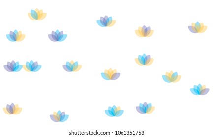 Many Yellow, Violet and Blue Lotuses of Different Opacity on White Background