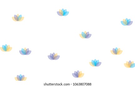 Many Yellow, Violet and Blue Lotuses of Different Opacity on White Background