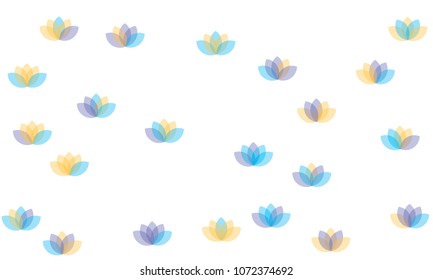 Many Yellow, Violet and Blue Lotuses of Different Opacity on White Background