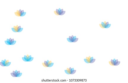 Many Yellow, Violet and Blue Lotuses of Different Opacity on White Background