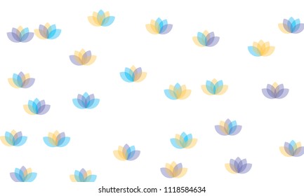 Many Yellow, Violet and Blue Lotuses of Different Opacity on White Background