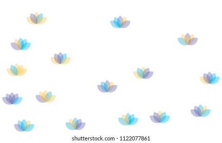 Many Yellow, Violet and Blue Lotuses of Different Opacity on White Background