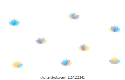 Many Yellow, Violet and Blue Lotuses of Different Opacity on White Background