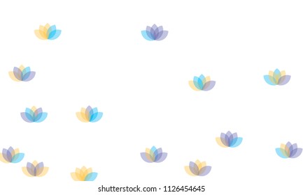 Many Yellow, Violet and Blue Lotuses of Different Opacity on White Background