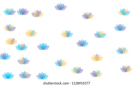 Many Yellow, Violet and Blue Lotuses of Different Opacity on White Background