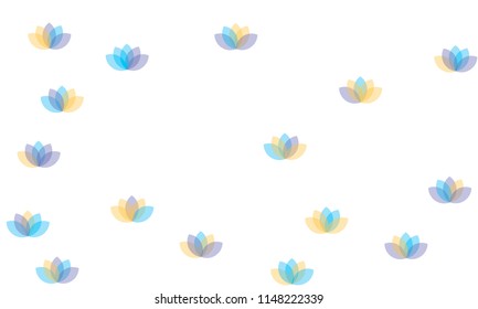 Many Yellow, Violet and Blue Lotuses of Different Opacity on White Background