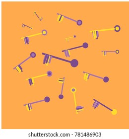 Many Yellow and Violet Keys on Orange Background