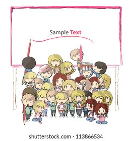 Many young friends writing on a giant banner. Vector background illustration.