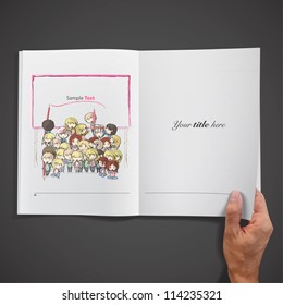 Many young friends writing on a giant banner inside a book. Vector illustration.