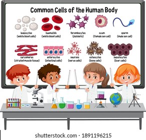 Many young scientists explaining common cells of the human body in front of a board with laboratory elements illustration