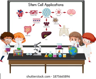 Many young scientists explaining stem cell application in front of a board with laboratory elements illustration