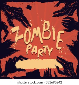 Many zombie hands in Halloween on red background party poster.