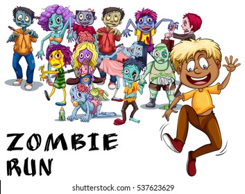 Many Zombies Chasing Human Illustration