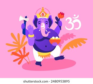 Deidad elefante con muchas armas - Ilustración vectorial moderna de colores con Ganesha - dios de la sabiduría, la naturaleza y la prosperidad. Cultura y religión india, peculiaridades étnicas, creencias y mitología