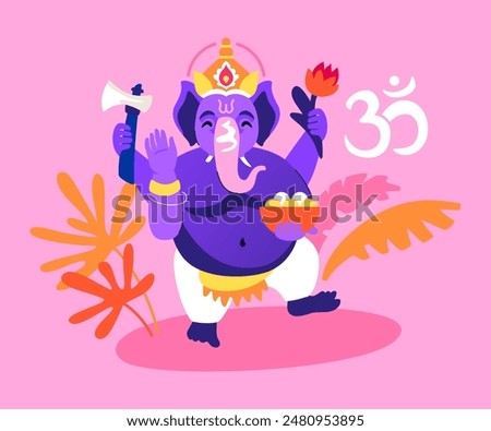 Many-armed elephant deity - modern colored vector illustration with Ganesha - god of wisdom, nature and prosperity. Indian culture and religion, ethnic peculiarities, beliefs and mythology idea