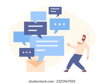 Manychat problem. Confused businessman client overwhelmed many messages bubbles, excess information pressure concept, email spam marketing problem overload man vector illustration