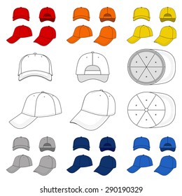 Many-coloured baseball, tennis cap vector illustration featured front, back, side, top, bottom isolated on white. 
You can change the color or you can add your logo easily.