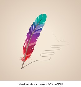 Many-coloured feather on beige background