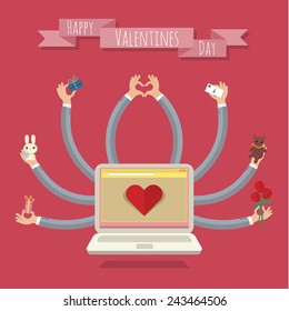 Many-hands laptop with heart symbol. Valentine card