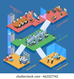 Many-storeyed isometric office with clerks at their workplaces vector illustration