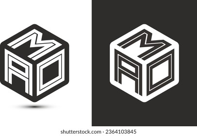 Diseño del logotipo de la letra MAO con el logotipo del cubo ilustrador, logotipo vectorial estilo moderno de superposición de tipos de letra del alfabeto. Icono del logotipo de Premium Business. Color blanco sobre fondo negro