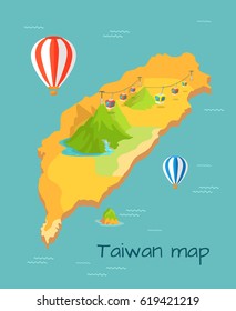 Maokong Dragon mountain cableway in Taiwan on cartography map. Rapidly delivers tourists and locals to top of mountain. Caravans with viewing platform and airballoons in sky vector illustration
