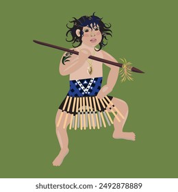 Maori boy with national spear performing haka, cartoon character