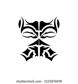 Maori mask. Frightening masks in the local ornament of Polynesia. Isolated. Ready tattoo template. Vector illustration.