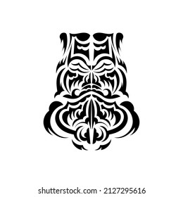 Maori mask. Native Polynesians and Hawaiians tiki illustration in black and white. Isolated. Tattoo sketch. Vector.