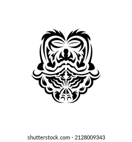 Maori mask. Native Polynesians and Hawaiians tiki illustration in black and white. Isolated on white background. Tattoo sketch. Vector.