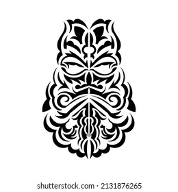 Maori mask. Native Polynesians and Hawaiians tiki illustration in black and white. Isolated on white background. Tattoo sketch. Vector illustration.
