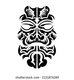 Maori mask. Native Polynesians and Hawaiians tiki illustration in black and white. Isolated. Ready tattoo template. Vector.