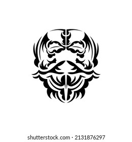 Maori mask. Native Polynesians and Hawaiians tiki illustration in black and white. Isolated. Ready tattoo template. Vector illustration.