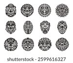 Maori mask. Polynesian tribal ritual masks pattern face tattoo, tiki mayan african peru aztec ethnic totem mythology traditional art symbol design set, swanky vector illustration original artwork