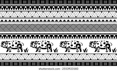 Maori Polynesian indigenous Pattern Background Wallpaper Banner Vertical Textile Vector Pig Kunekune