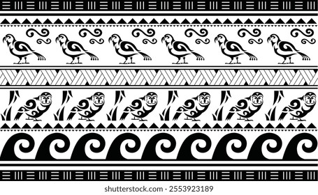 Maori Polynesian indigenous Pattern Background Wallpaper Banner Vertical Textile Vector Parrot Kea Kakapo