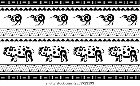 Maori Polynesian indigenous Pattern Background Wallpaper Banner Vertical Textile Vector Kiwi Kunekune Pig