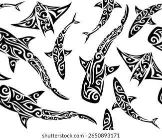 Maori Polynesian indigenous Pattern Background Wallpaper Vector Whale Shark Ray