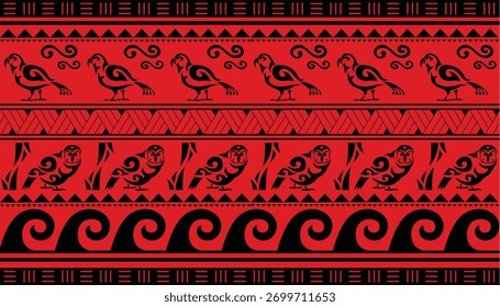 Maori polinésio indígena padrão fundo papel de parede banner vertical tecido vetor papagaio Kea Kakapo vermelho
