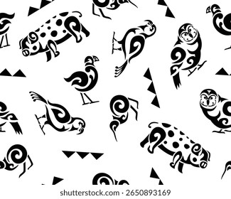 Indígena polinésia maori sem emenda padrão fundo papel de parede banner vetor porco Kiwi Kakapo Takahe Geometry Shape
