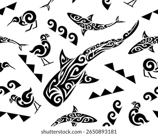 Indígena polinésia maori sem emenda padrão fundo papel de parede banner vetor baleia tubarão kiwi Takahe geometria forma
