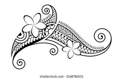 Maori style tattoo. Ethnic decorative oriental ornament with Frangipani Plumeria flowers. Coloring book page.