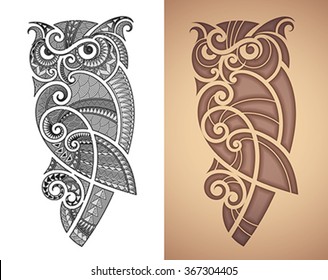 Maori styled tattoo pattern of owl. Fits for a shoulder or an ankle. Editable vector illustration.