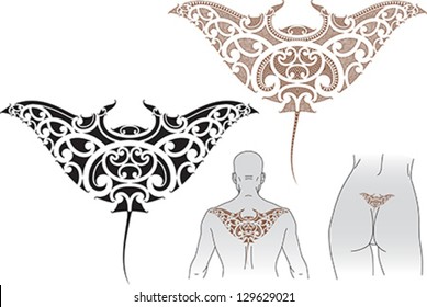 Maori Styled Tattoo Pattern In Shape Of Manta Ray. Fit For Upper And Lower Back. Editable Vector Format EPS 8.0