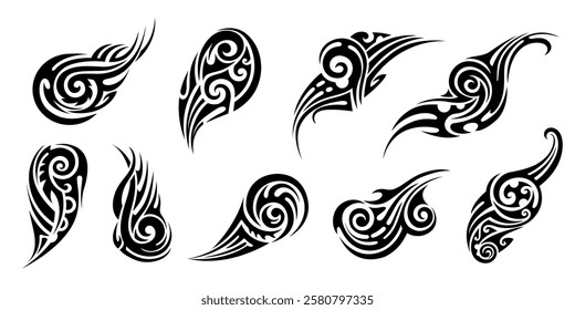 Maori tattoo, black tribal ornaments featuring abstract curved shapes, swirls and sharp points. Vector set of motifs inspired by traditional tattoo art, emphasizing dynamic movement and bold contrasts