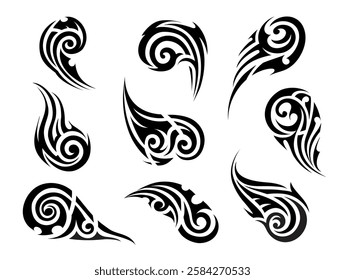 Maori tattoo, black tribal ornaments featuring swirling patterns and flame like elements, evoke strength, energy and fluid motion. Isolated vector set of decals, traditional swirled tribal motifs