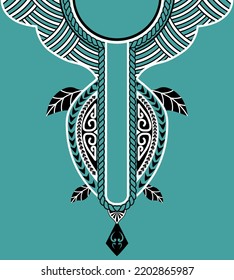 Maori tattoo motif of the neckline design.The design of round neck Kaftan dress in ancient tribe style for Dubai clothing.The neck pattern in the Maori style of Arab Men's wearing,vector illustration.