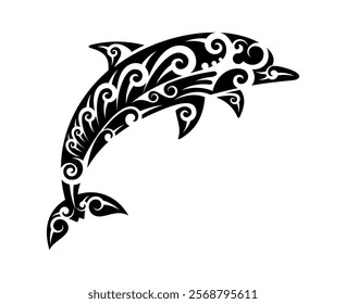 Maori tribal dolphin animal tattoo with swirling patterns, symbolizing grace and connection to the sea. Isolated vector black ink dolphin tattoo, evoking traditional and spiritual connection to ocean