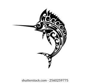 Maori tribal marlin swordfish animal tattoo. Hawaiian tribe sea animal vector symbol, New Zealand tribal marine nature or Samoan ethnic marlin swordfish print. Polynesian Maori ocean fish tattoo