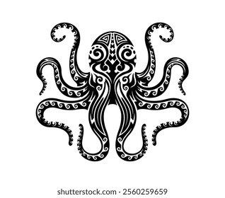 Maori tribal octopus ocean animal tattoo. Hawaiian culture ocean life vector ornament. New Zealand or Polynesian Maori tribal sea animal tattoo symbol. Samoan tribe marine nature octopus print